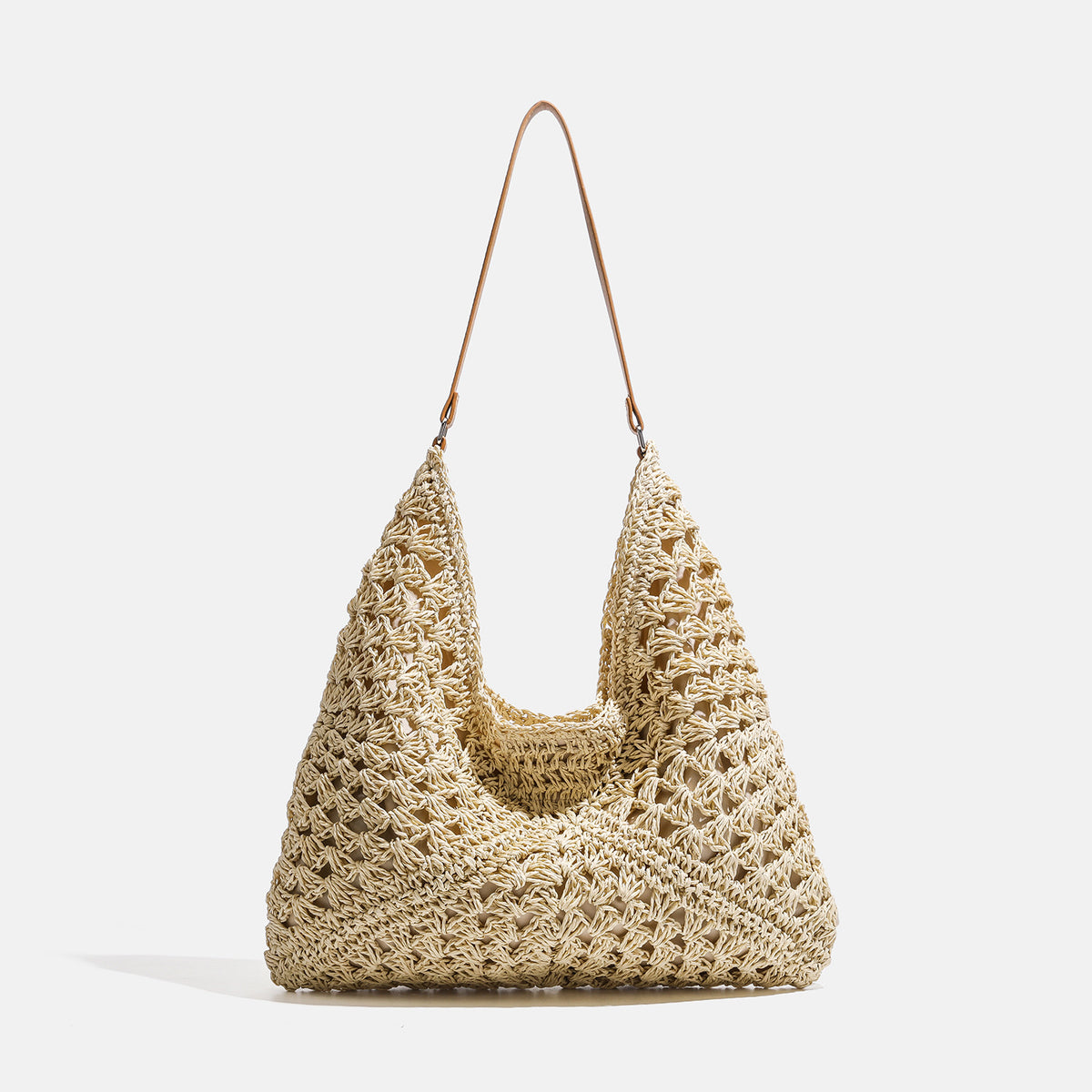 Natural ivory open-weave crochet hobo shoulder bag with tan leather-look strap and cream fabric lining, detail view 6