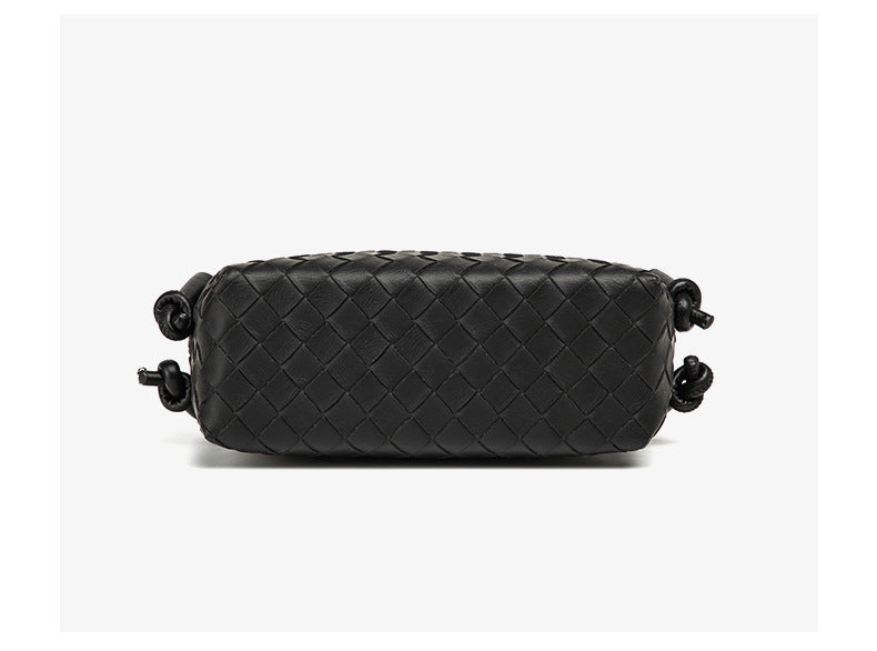 Small rectangular woven-texture mini crossbody bag with knotted rope strap and gold-tone zip closure, detail view 14