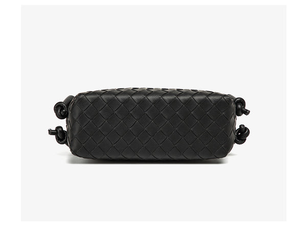 Small rectangular woven-texture mini crossbody bag with knotted rope strap and gold-tone zip closure, detail view 14