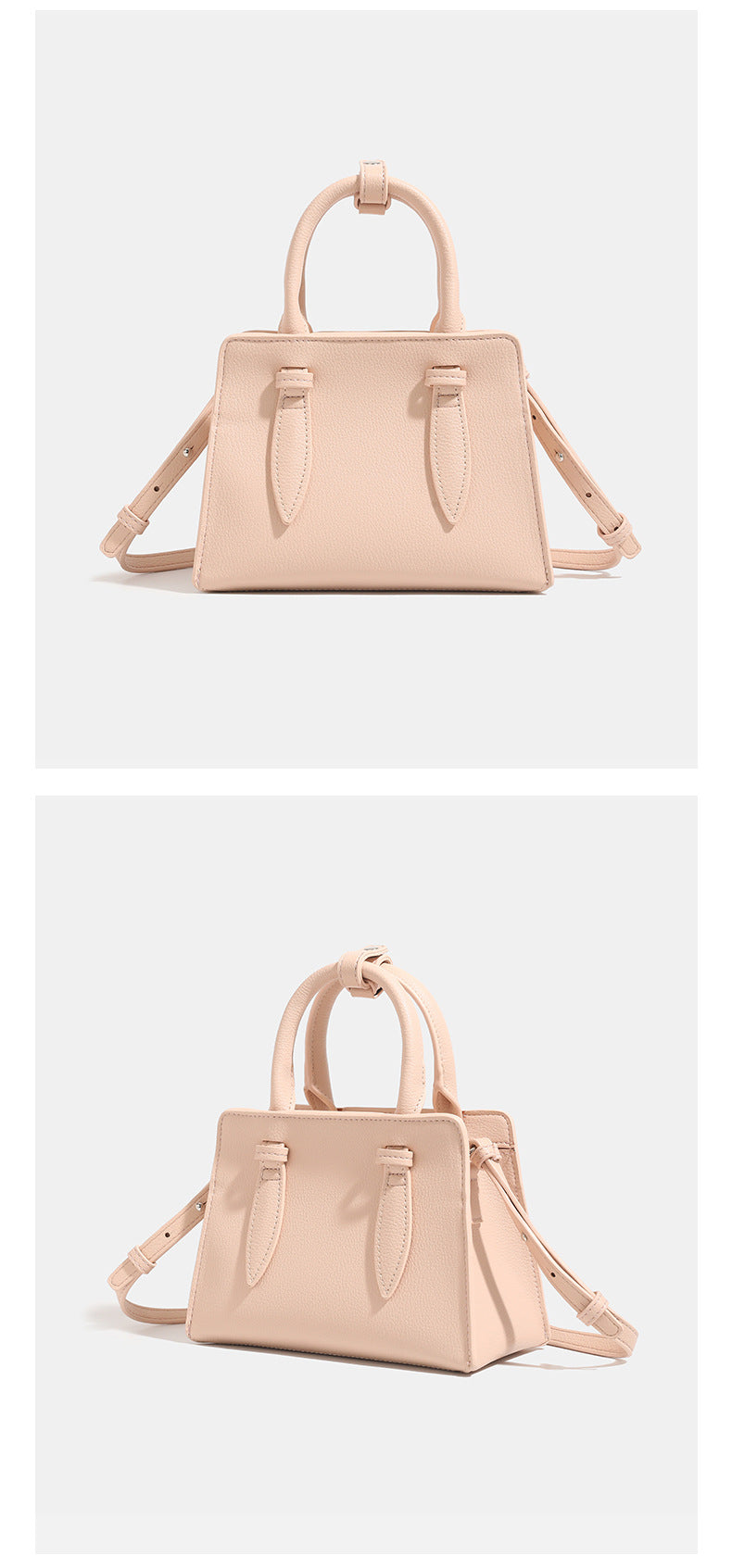 Small structured trapezoid top-handle bag in pebbled matte finish with decorative strap tabs, twin knotted handles, and