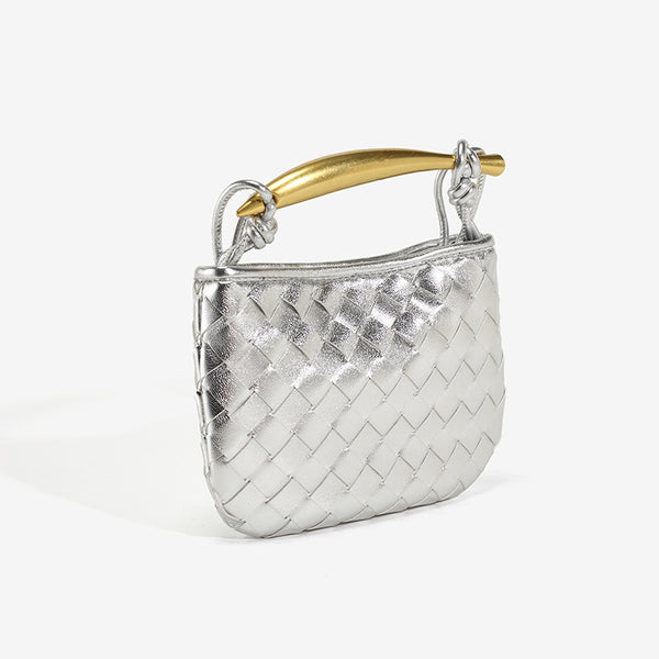 Mini-Crossbody-Etui mit gewebter Rautenstruktur, geschwungenem Henkel in Goldoptik und schmalem Kordelriemen, Detailansicht 3