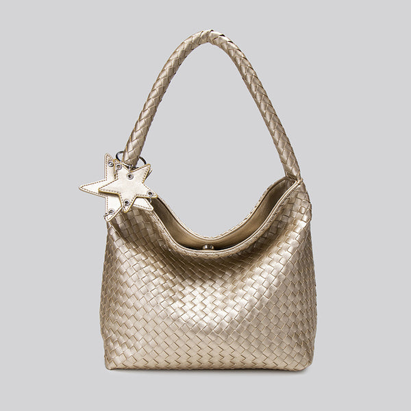Large woven leather-look hobo shoulder bag with braided strap and star charm, detail view 6