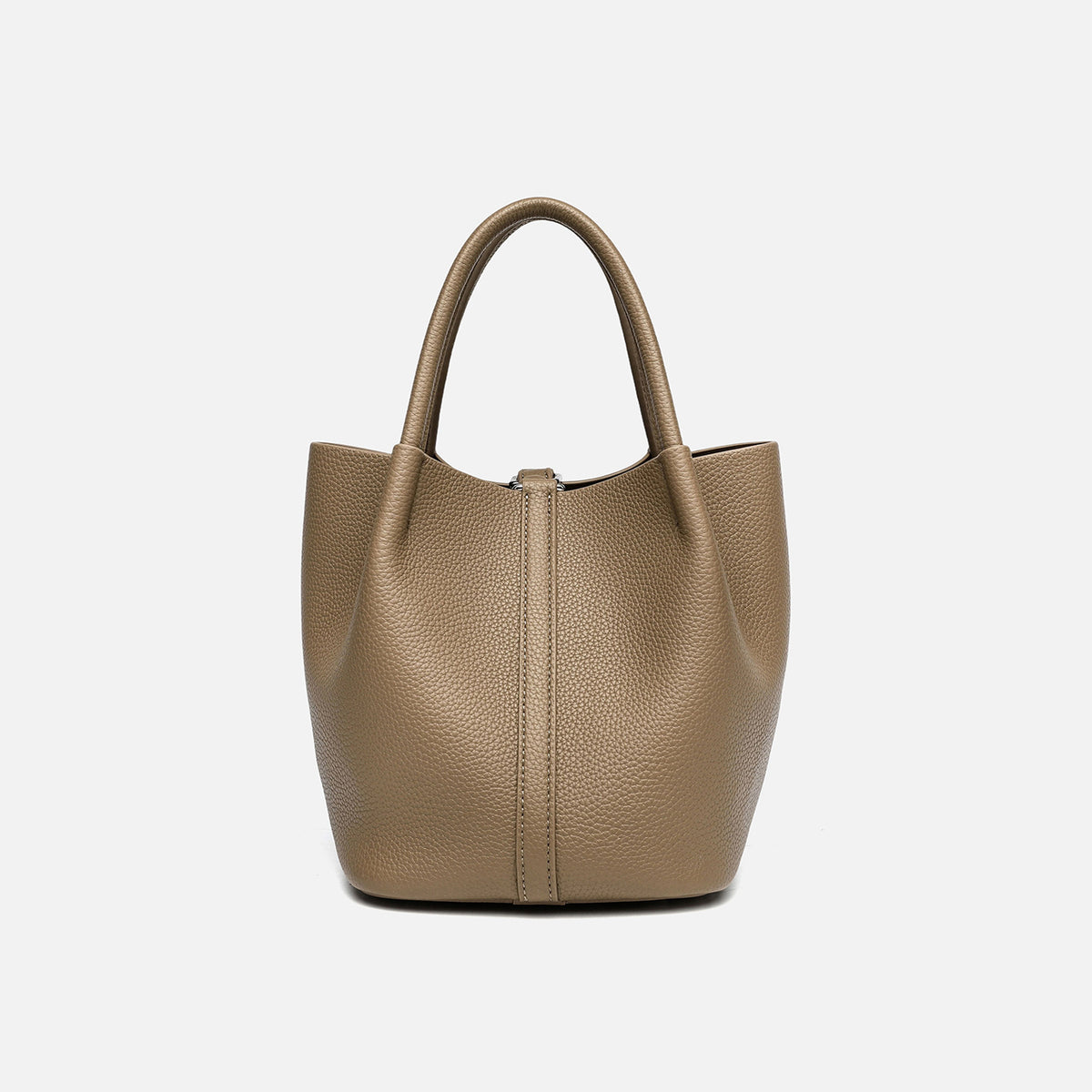 Pebbled leather-look bucket tote bag with rounded top handles and detachable shoulder strap, detail view 6