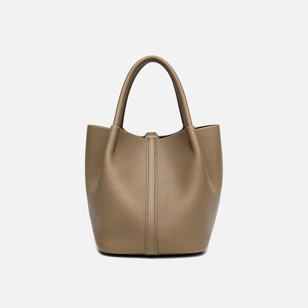 Pebbled leather-look bucket tote bag with rounded top handles and detachable shoulder strap, detail view 6