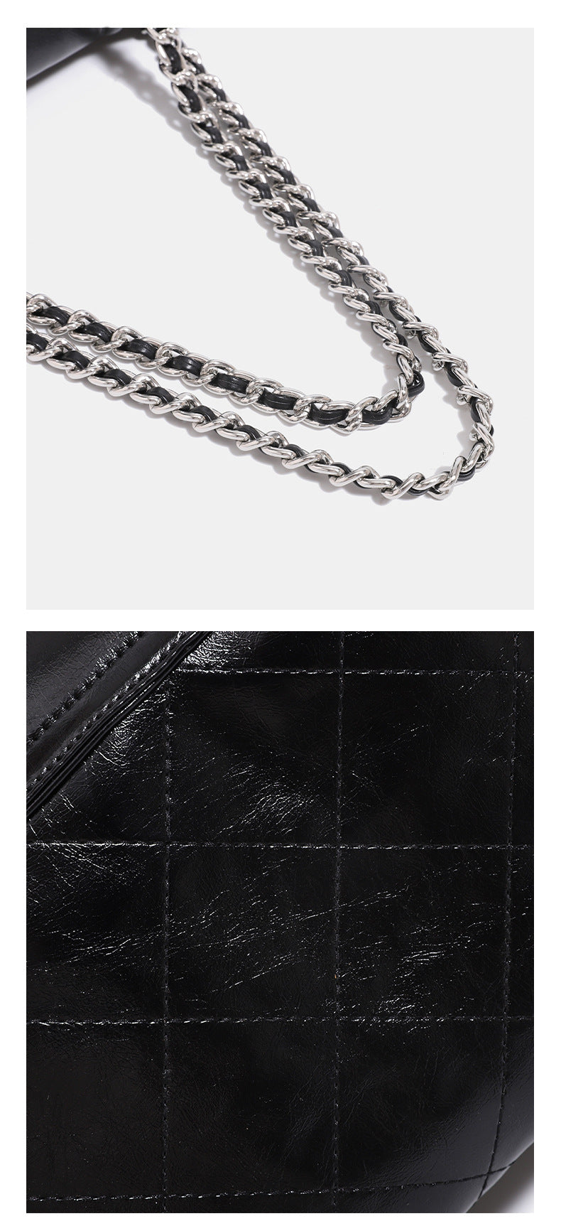 Quilted trapezoid shoulder bag with chain straps, flap closure, and ring hardware, detail view 15