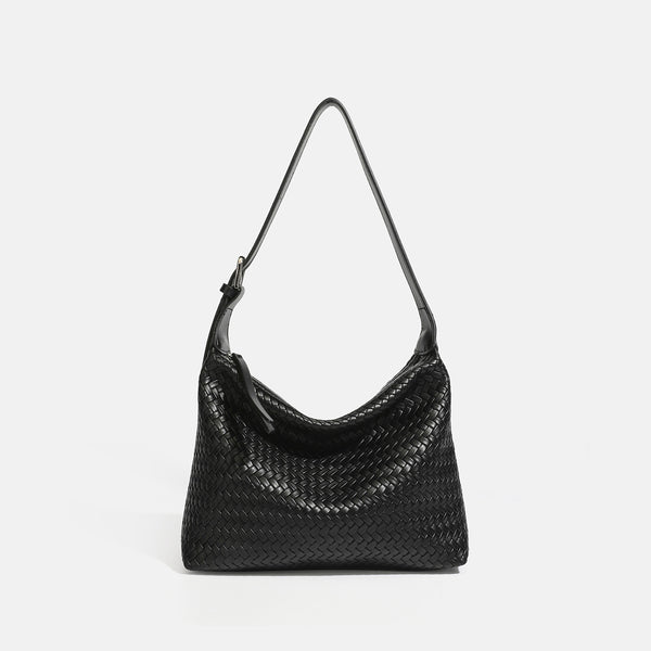 Kompakte Hobo-Schultertasche mit gewebter Optik, Reißverschluss oben, silberfarbenem Ringbeschlag und ineinander verflochtener Lederoptik, Detailansicht