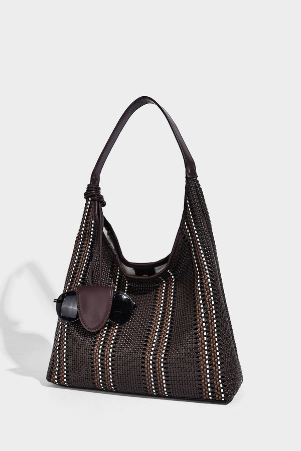 Woven striped slouch shoulder tote bag with knotted strap and attached front flap pouch, detail view 20