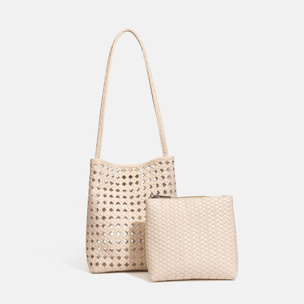 Altrosa Bucket-Bag aus offenmaschigem Webmaterial mit langem Flechtriemen und passender Innentasche mit Reißverschluss, Detailansicht 9