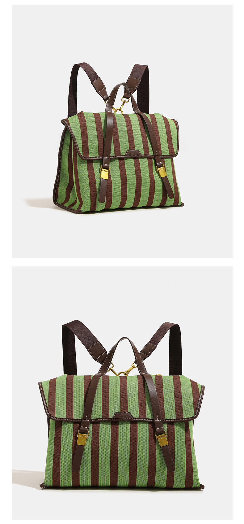 Structured striped canvas convertible satchel bag with leather-look trim, gold-tone buckle hardware, and backpack straps