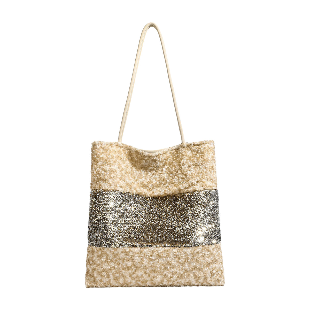 Sequin color-block shoulder tote bag with champagne and silver panels and cream leather-look straps, detail view 5