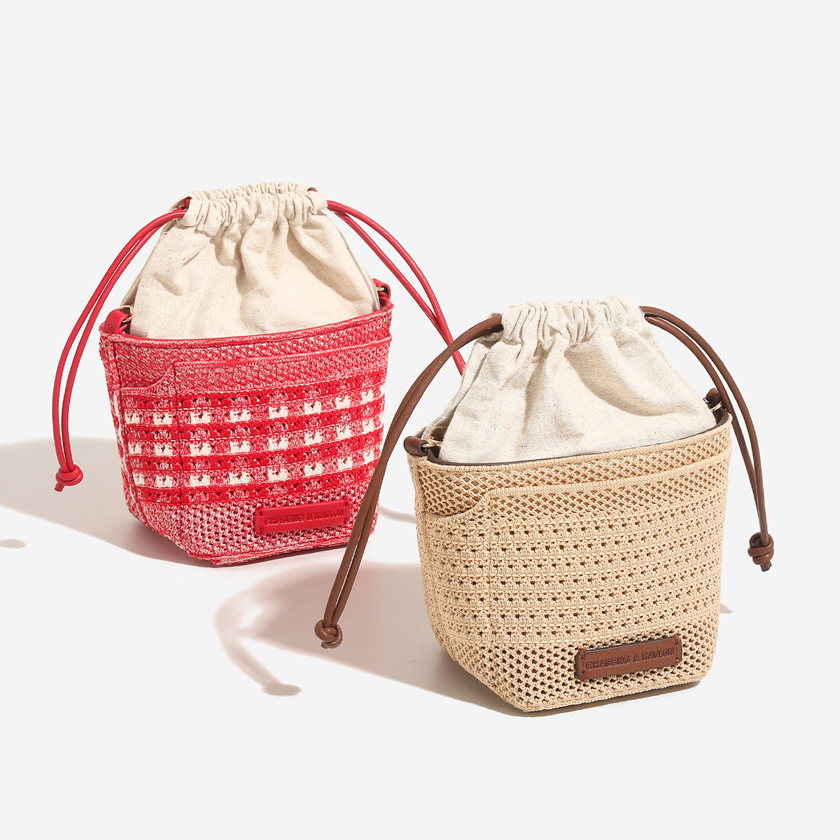 Compact openwork woven bucket bag with gathered cream drawstring liner, leather-look brown trim and cords, and gold-tone