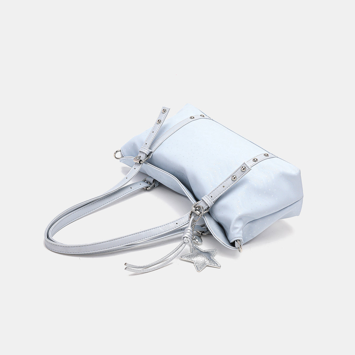 Slouchy leather-look shoulder tote bag with star charm pendant, silver-tone rivets and buckles, detail view 4