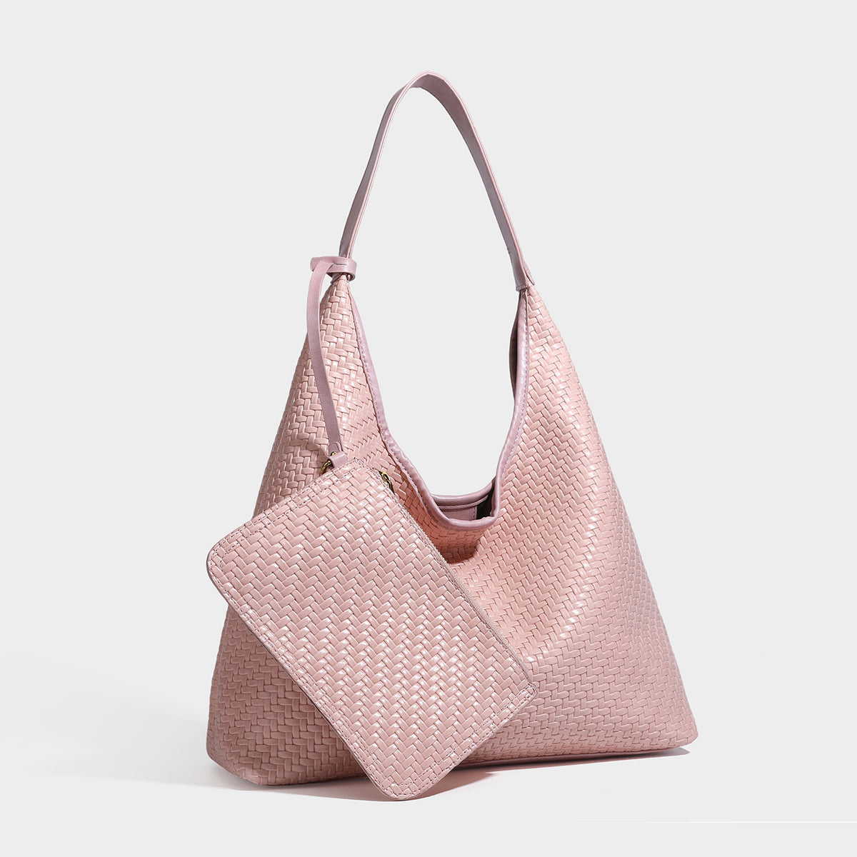 Slouchy woven leather-look hobo tote bag in brown with detachable zip pouch and gold-tone hardware, detail view 11
