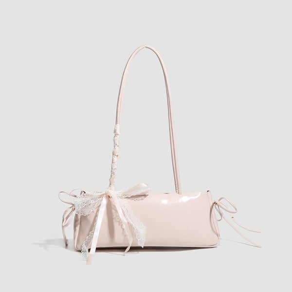 Compact glossy leather-look shoulder bag with lace bow and ribbon trim, detail view 9