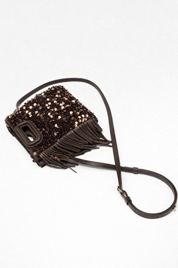 Small structured dark brown sequin handbag with leather-look fringe side trim and top cutout handle, detail view 14