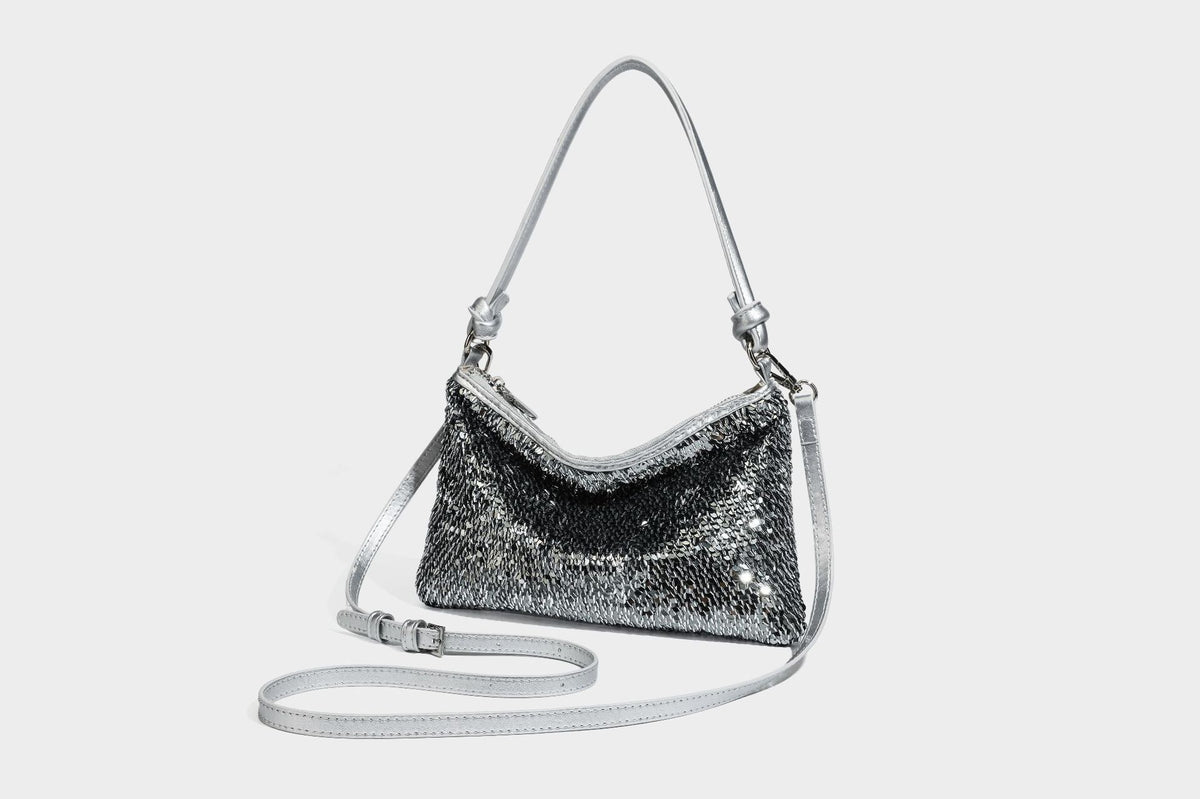 Small sequin hobo shoulder bag with knotted strap and zip closure, detail view 39