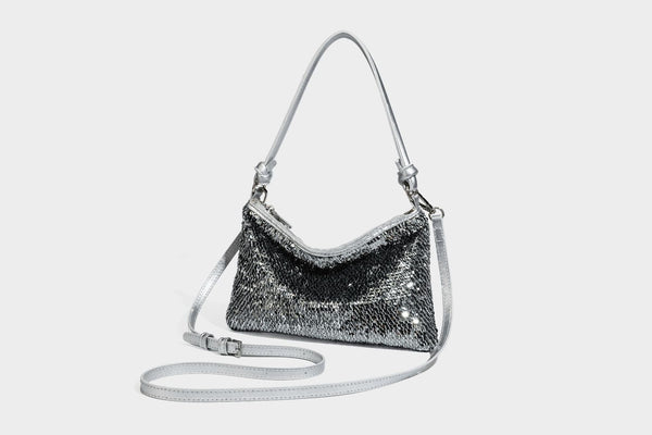 Small sequin hobo shoulder bag with knotted strap and zip closure, detail view 39