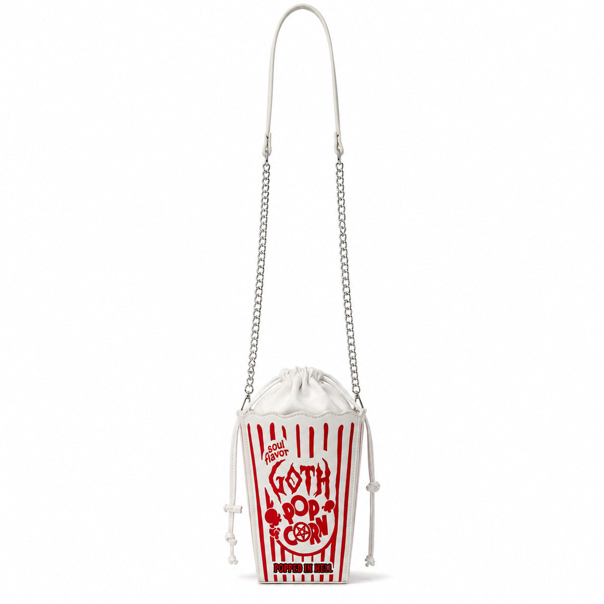 Bordeauxrote Gothic-Umhängetasche in Popcorn-Eimer-Form mit Kordelzug, goldfarbenem Grafikprint und silberfarbener Kettenriemen, Detailansicht 8