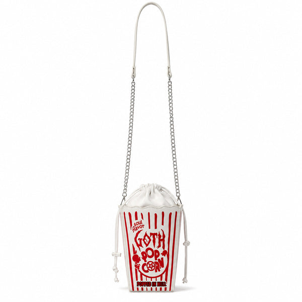 Bordeauxrote Gothic-Umhängetasche in Popcorn-Eimer-Form mit Kordelzug, goldfarbenem Grafikprint und silberfarbener Kettenriemen, Detailansicht 8