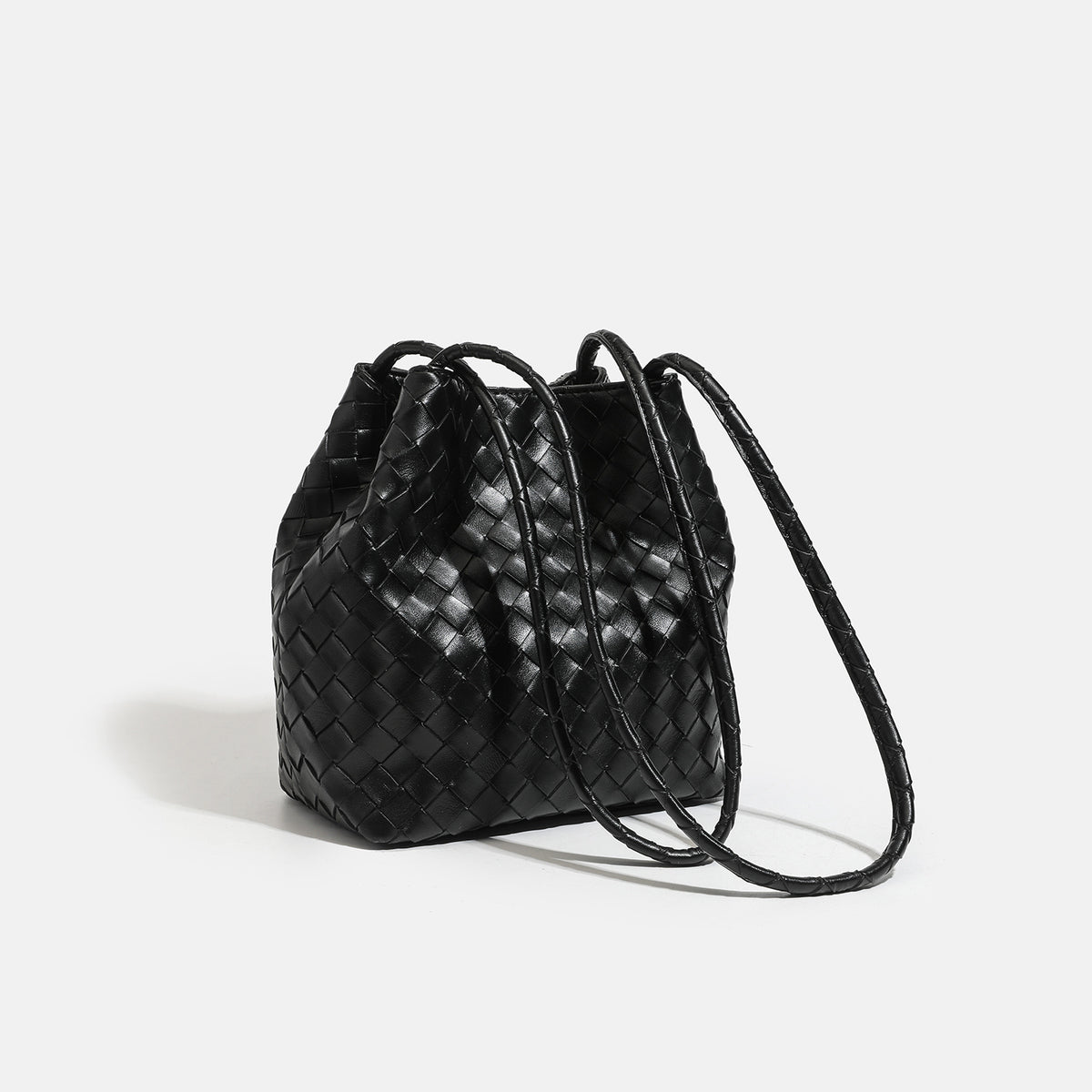 Glossy basket-weave leather-look shoulder tote bag with long braided straps and open top, detail view 3