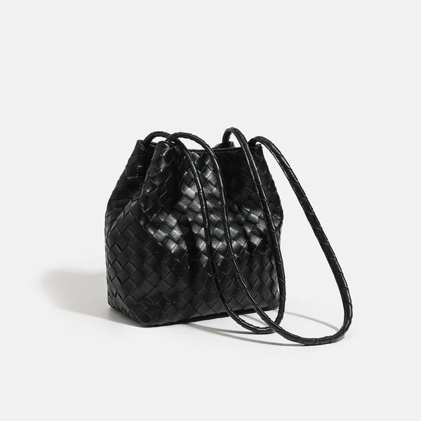 Glossy basket-weave leather-look shoulder tote bag with long braided straps and open top, detail view 3